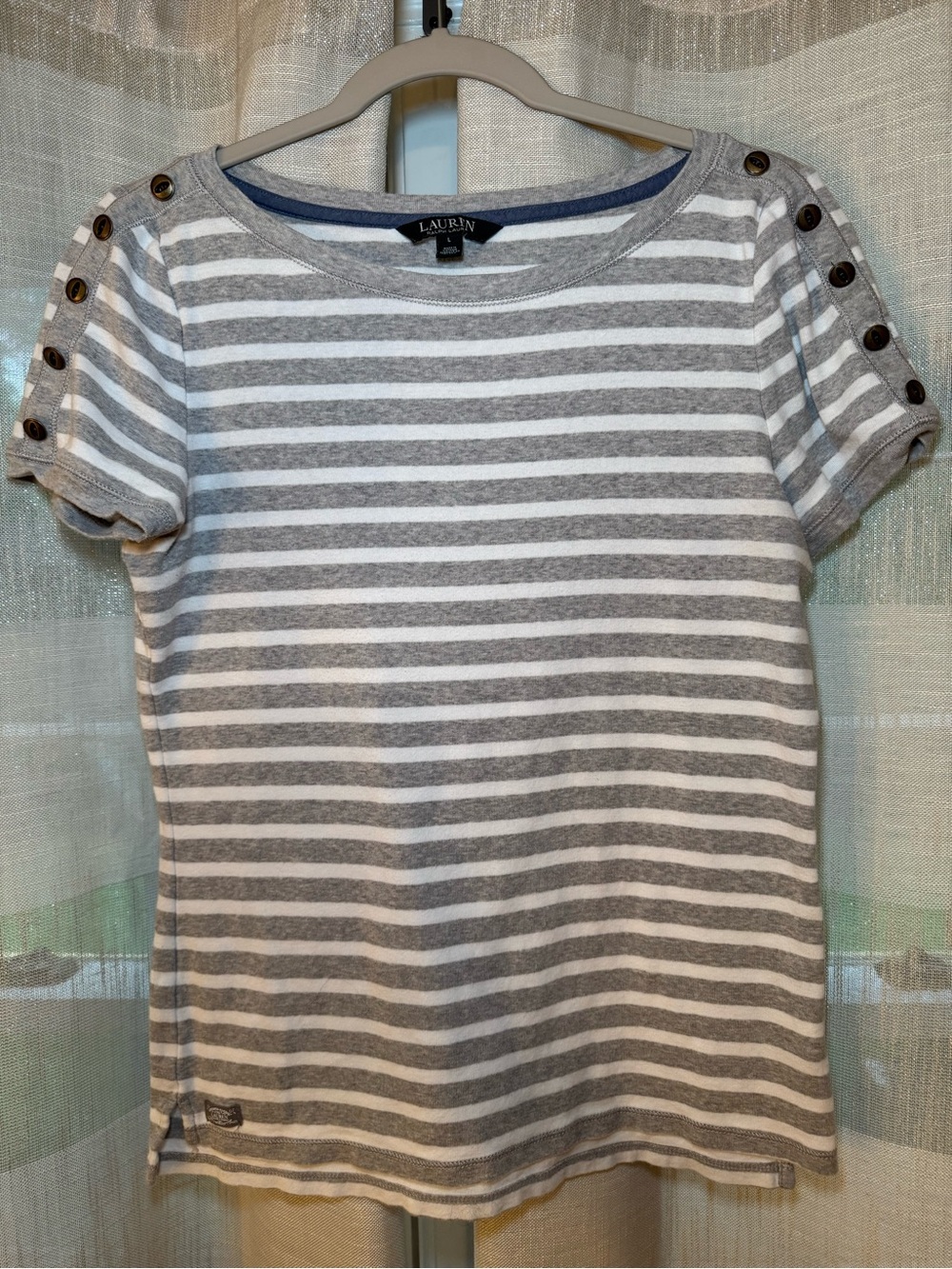 Ralph Lauren Gray & White Striped Short-Sleeve Tee with Shoulder Buttons